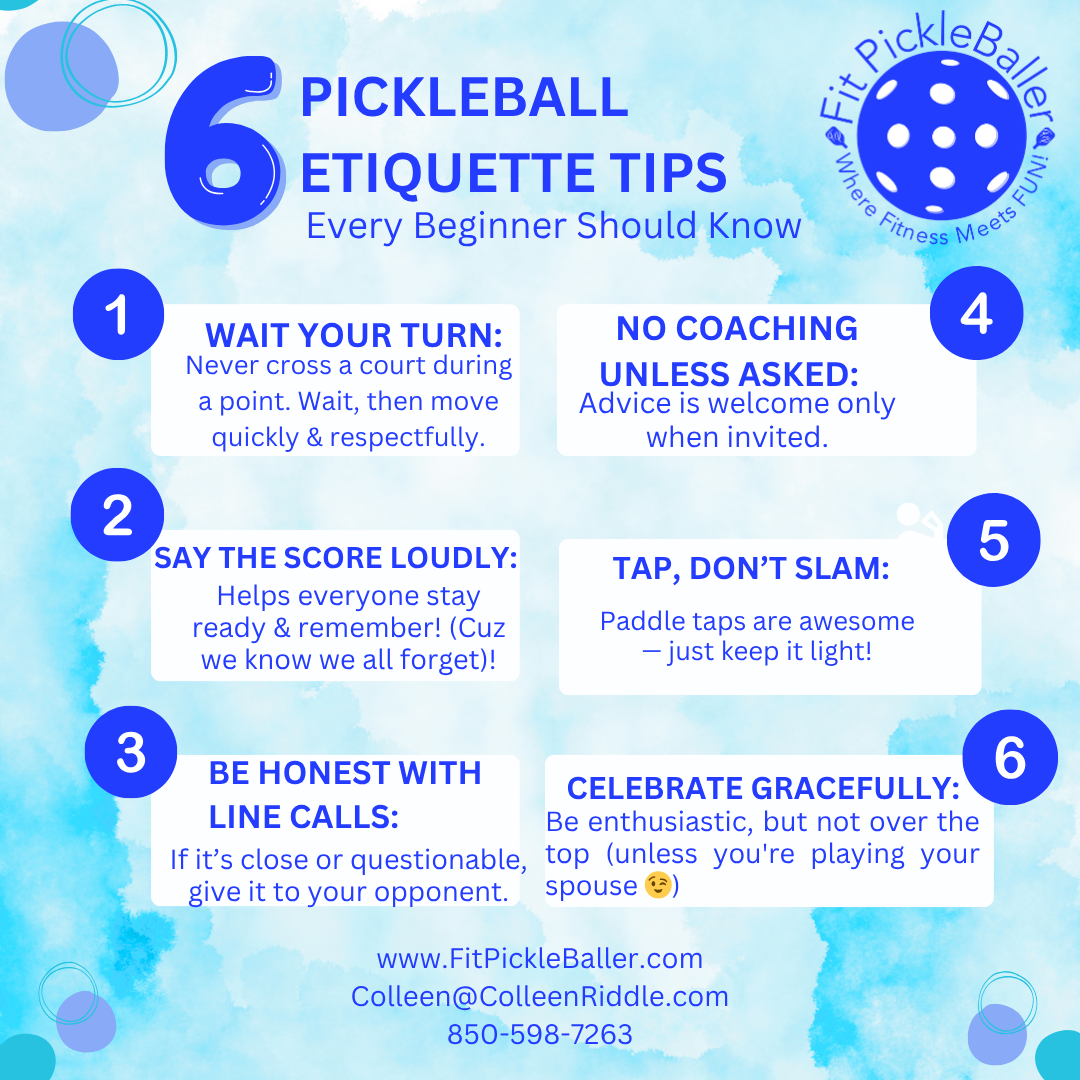 graphic of 6 pickleball etiquette tips